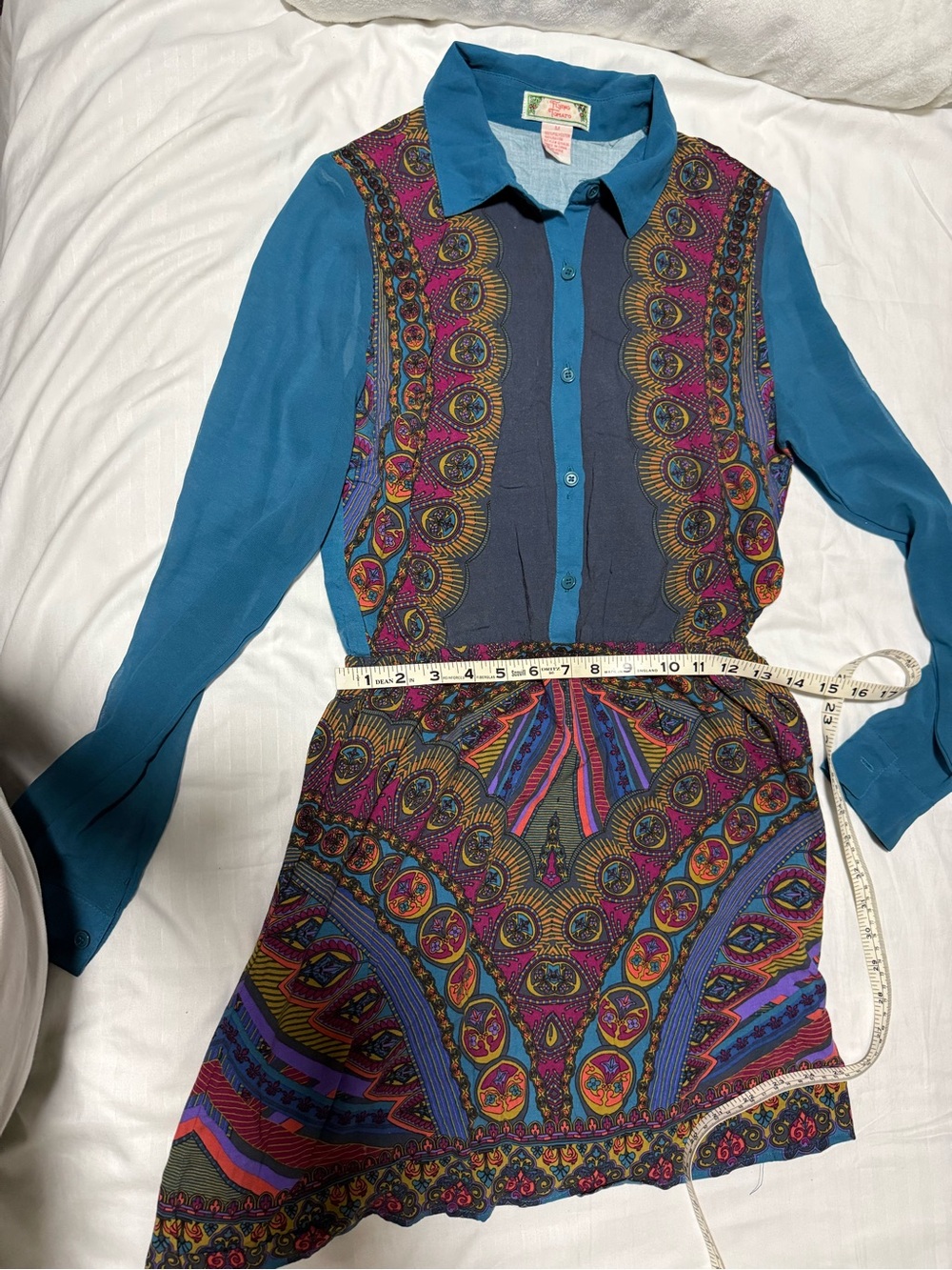Flying Tomato Teal Button-Front Blouse with Multicolor Medallion Print